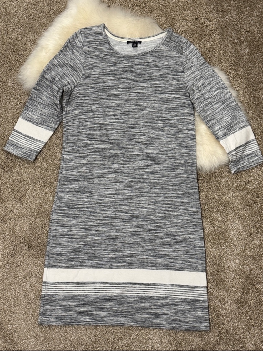 Hilary Radley Heathered Gray 3/4 Sleeve Knit Shift Dress White Stripes Size M
